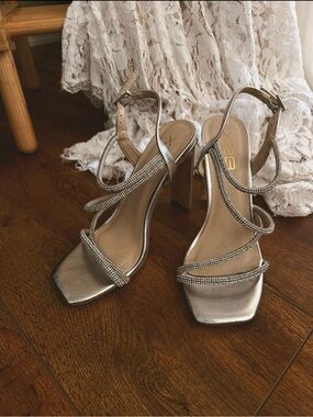 Metallic Silver Strappy High Heel Sandals by